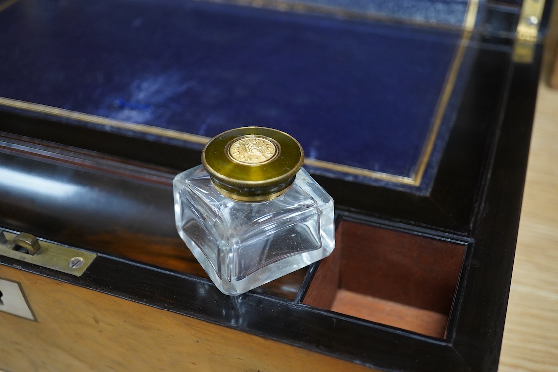 A 19th century burr walnut writing slope with mother of pearl plaque inscribed Ellen Warner, Dec, 8th 1868, 36cm wide